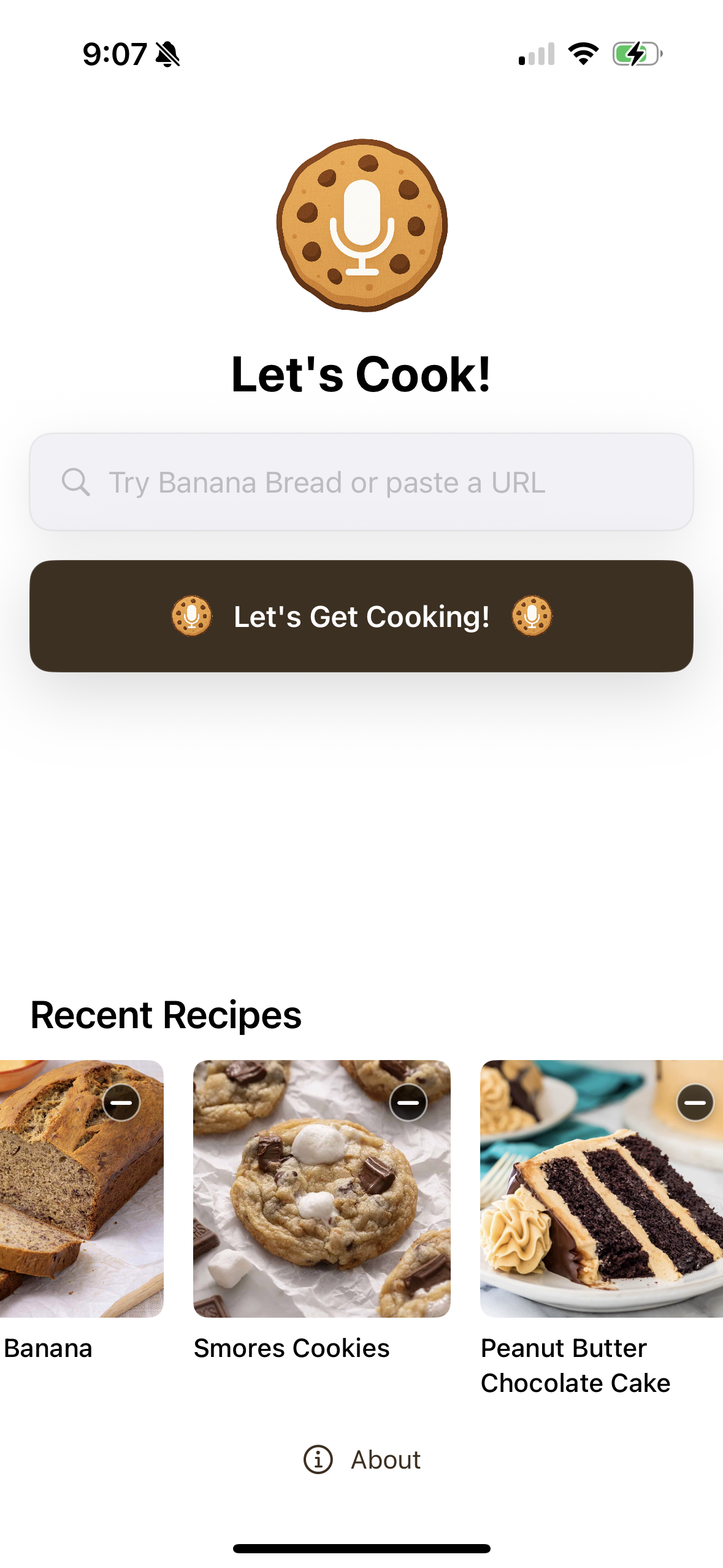 Cookie app home screen showing Add a Recipe and recent recipes